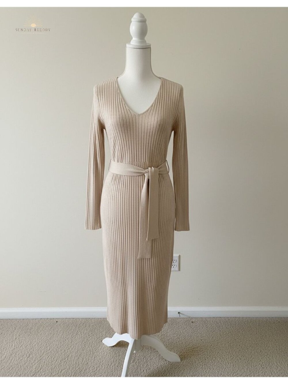 Ribbed Knit V-Neck Bodycon Midi Sweater Dress Long Sleeve Tie Waist